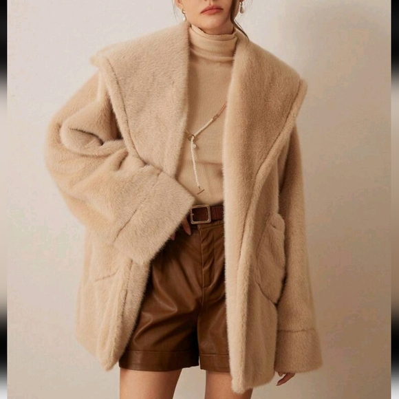 Retro Style Fluffy Trim Fashion Waist Belt Jacket, Winter Outerwear Faux Jacket - Picture 5 of 5